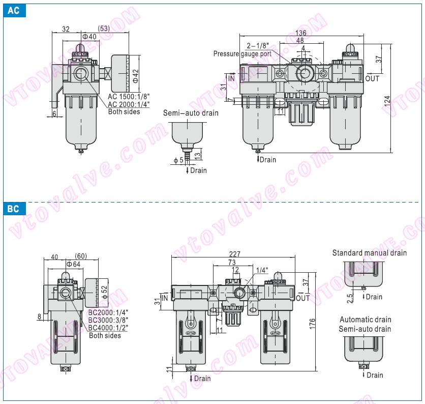 Dimensions of AC1500,AC2000,BC2000,BC3000,BC4000 F.R.L combination